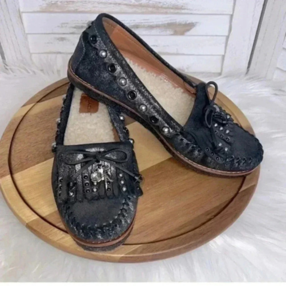 COACH I Roccasin Black Metallic Leather Slip On
Moccasins Sherpa Loafers 6.5